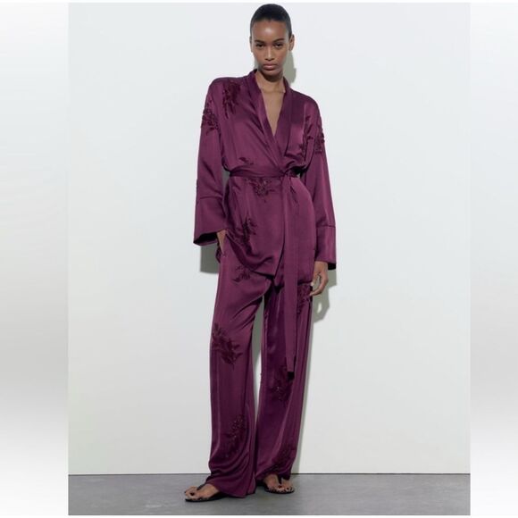 Zara Purple Beaded Embroidered High Waist Drawstring Kimono And Pants Set Sz XS - Picture 1 of 11